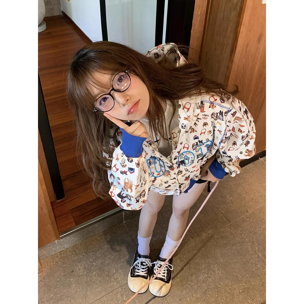 春秋季新款oversize外套女美式复古刺绣满印花开衫连帽卫衣女