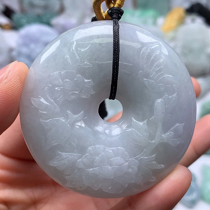 翡翠未镶嵌颈饰花开富贵平安扣两面工艺福利卡厚12+