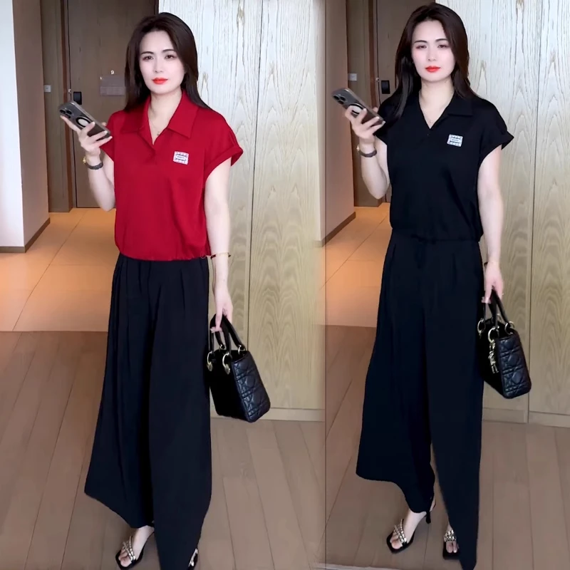 时尚套装女短袖夏装2025新款遮肚子衬衫搭黑色阔腿裤免搭两件套潮