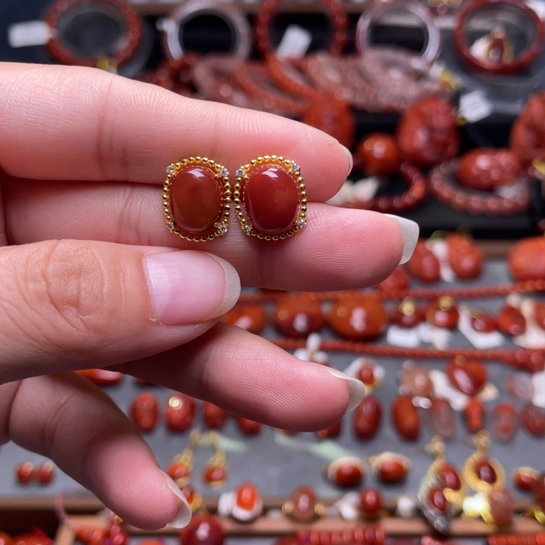 南红玛瑙银S925镶嵌玫红耳钉