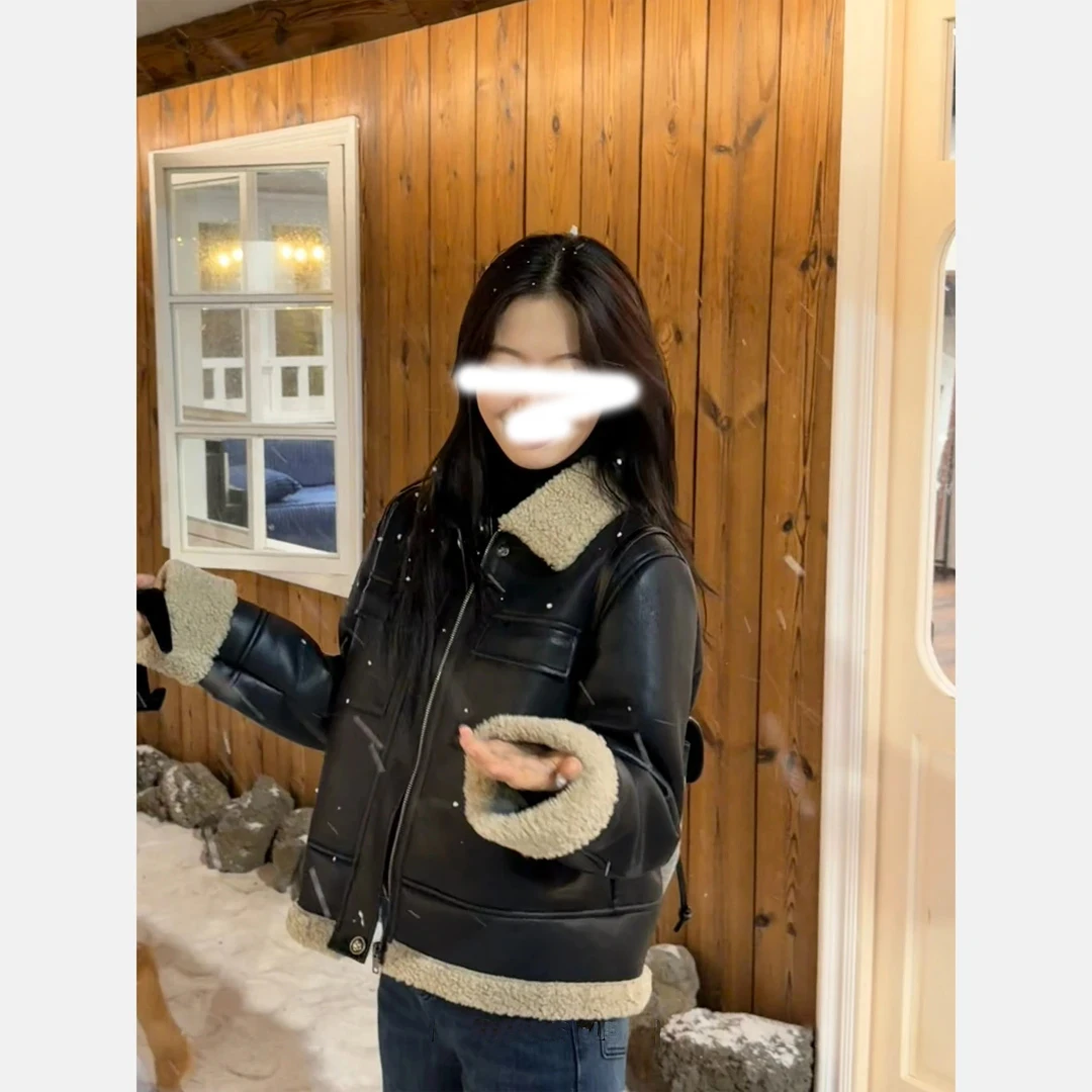 【复古轮回】复古时髦翻领皮衣拼接撞色毛毛加厚保暖外套