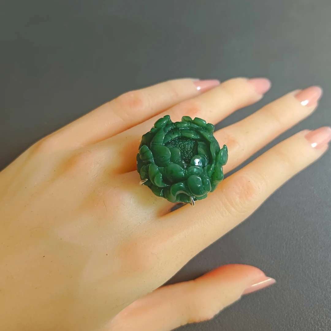 ［00120］天然和田碧玉精美牡丹花复古时尚s925银镶嵌戒指开口戒