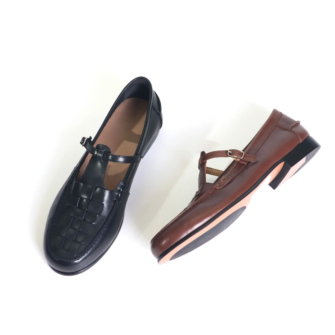 牛皮编织凉鞋女春夏新款平底玛丽珍单鞋法式手工丁字乐福鞋6820-1