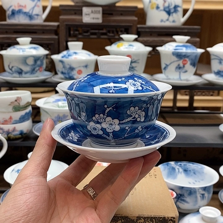 手绘冰梅盖碗120cc三才釉下彩微瑕福利款