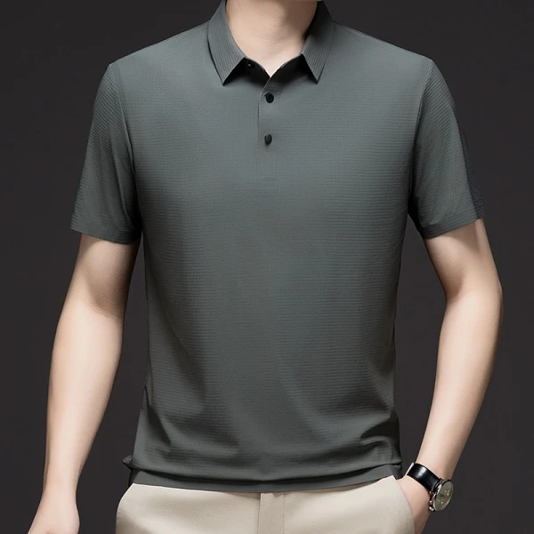 纽扣短袖修身型夏季男常规Polo衫高档透气翻领珠片