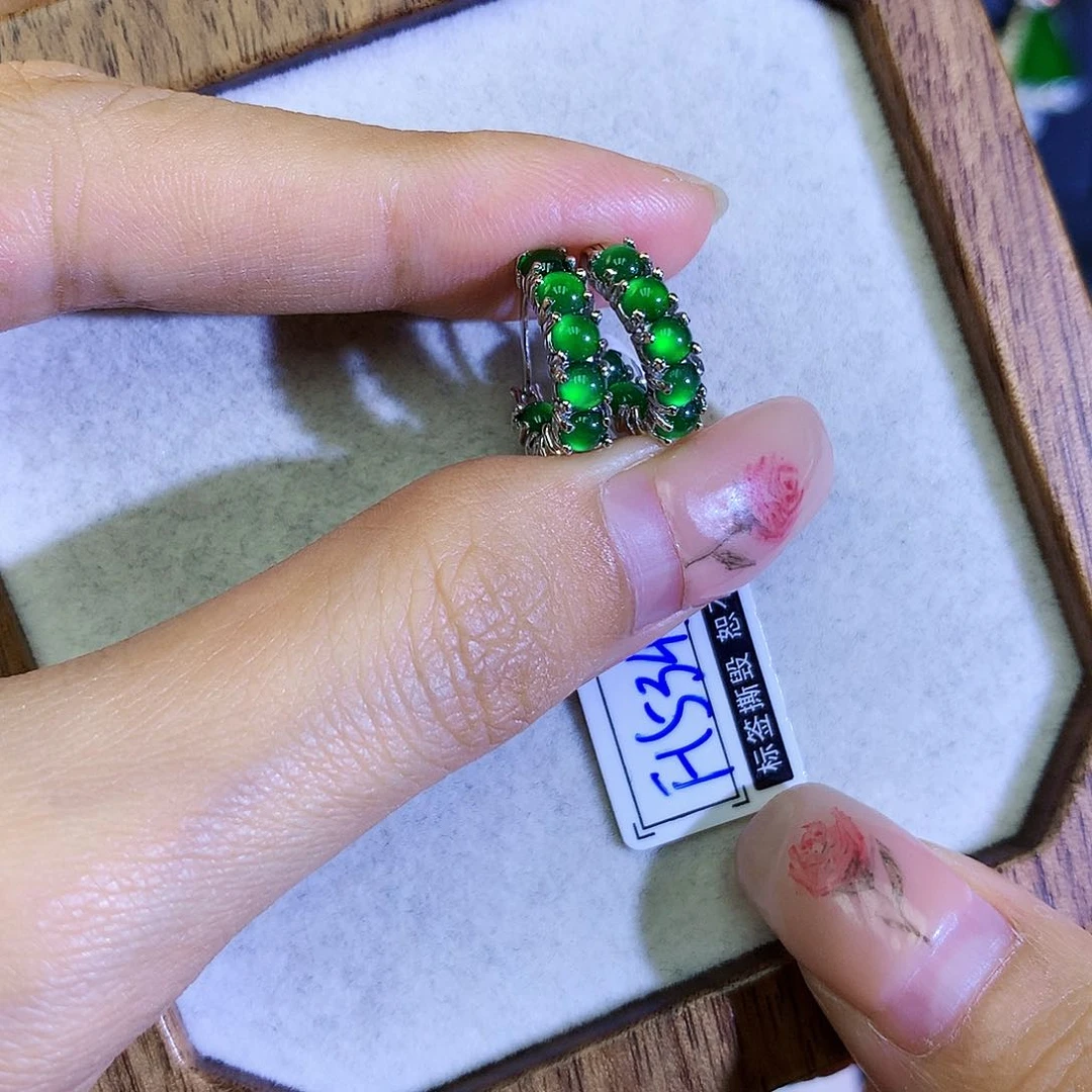 翡翠耳饰银S925镶嵌天然翡翠耳包