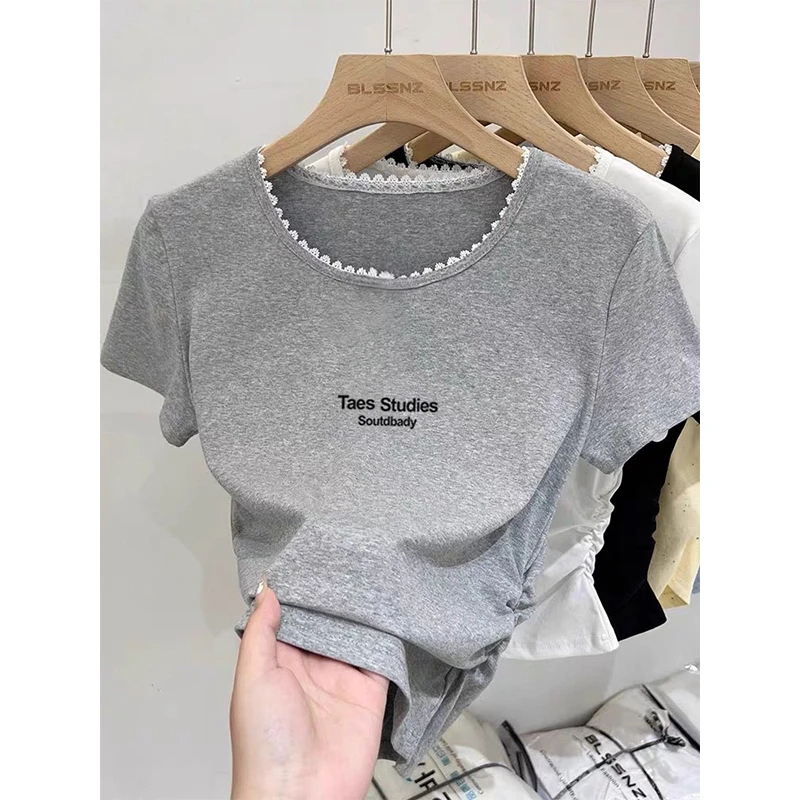 小众设计感蕾丝花边拼接短袖t恤女收腰显瘦修身上衣2025春夏季潮