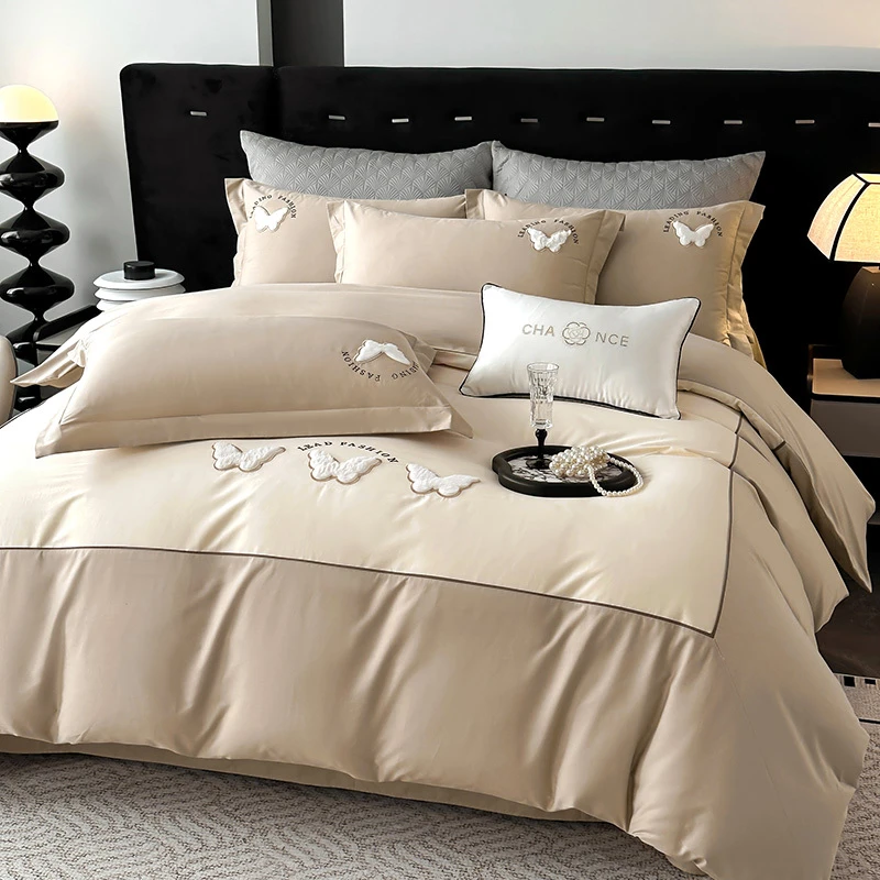 全棉刺绣四件套高档纯棉全棉宽边被套床单轻奢高级感主卧床上用品