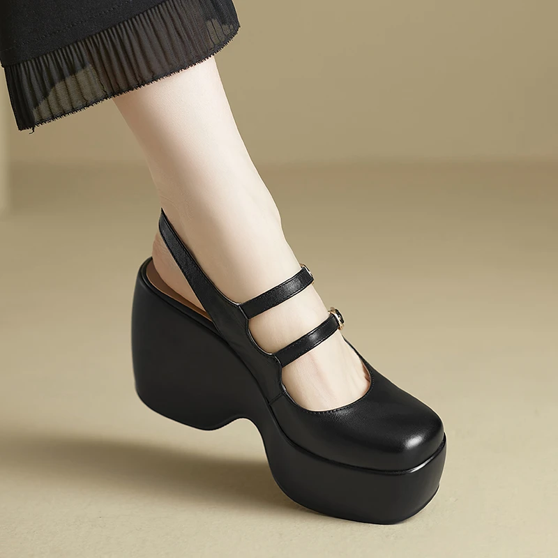 小个子增高9cm~玛丽珍高跟鞋女包头凉鞋真皮厚底后空单鞋坡跟鞋子