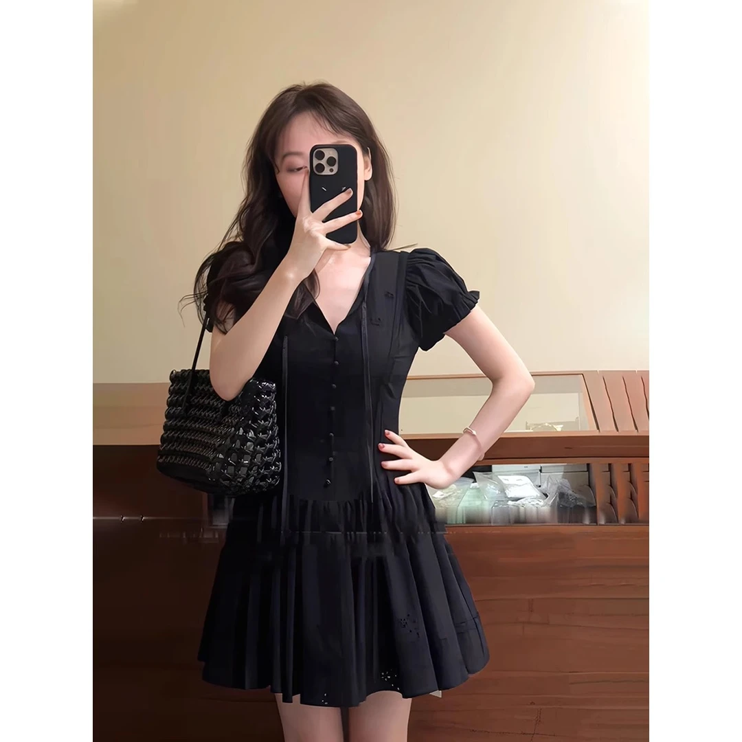 E377夏季泡泡袖收腰A字裙子设计感新款韩系女气质连衣裙翻领褶皱