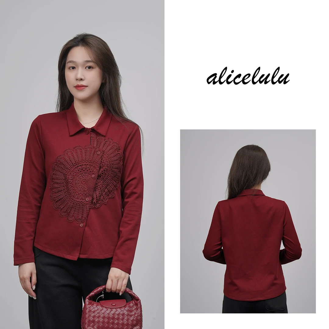 [alicelulu]高级感蕾丝钩花翻领时髦不规则衬衫上衣S1035353U