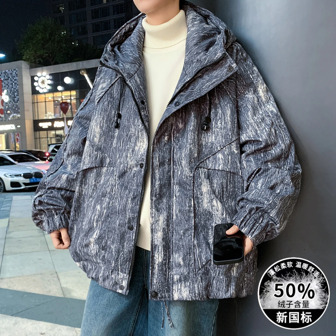 冬季新款美式男生帅气潮流印花连帽厚外套休闲宽松百搭保暖羽绒服