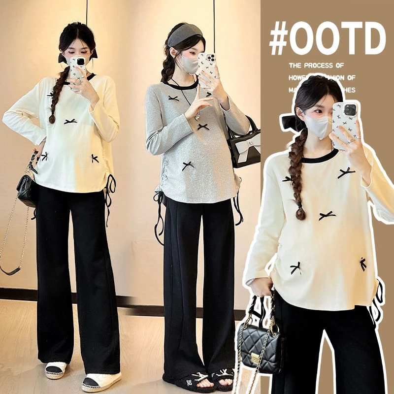 秋装孕妇上衣淑女减龄蝴蝶结设计宽松抽绳时尚T恤上衣孕妇装秋装