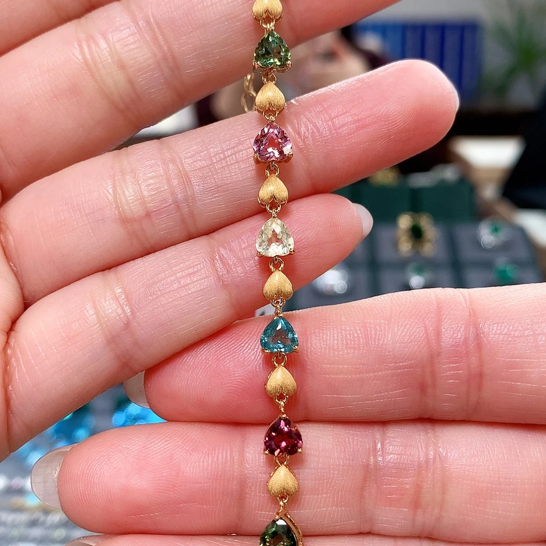 手链银S925镶嵌碧玺爱心碧玺手链