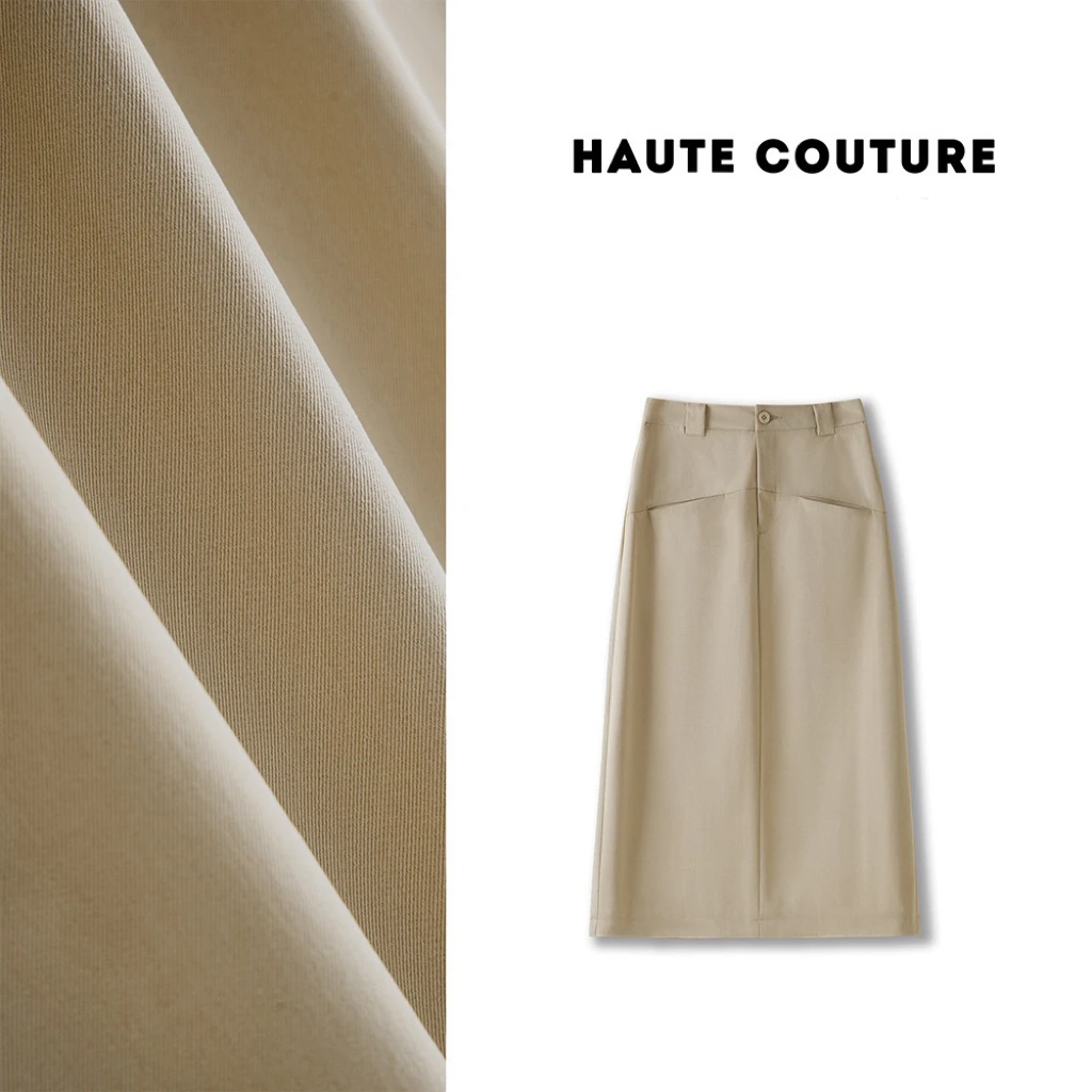 夏季隐口袋后开叉A字裙简约舒柔半身裙女高腰休闲中长裙(863)