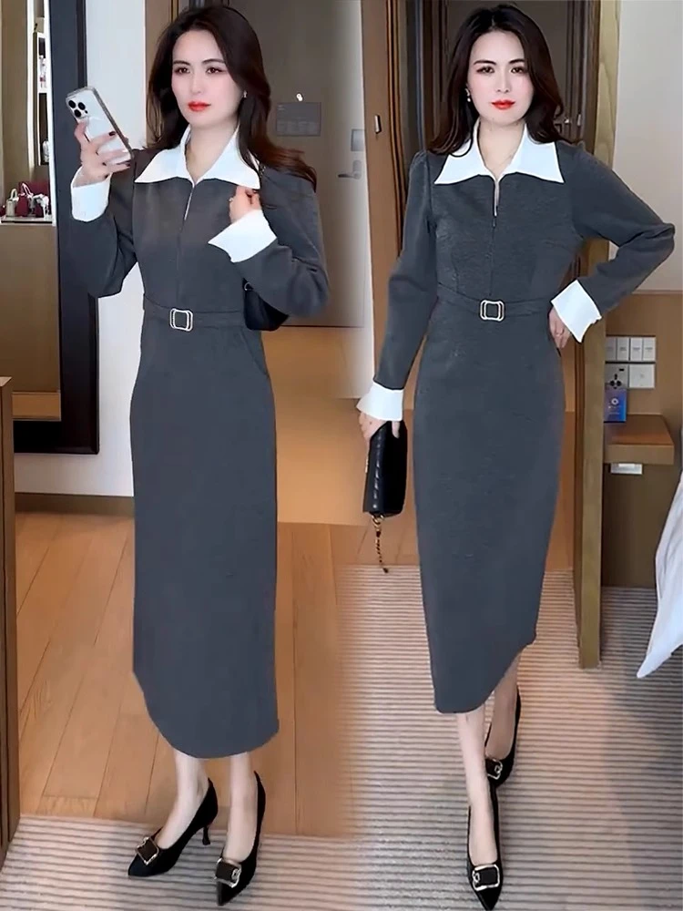 时尚连衣裙女2025春季新款洋气收腰显瘦减龄拼接衬衫领长袖连衣裙