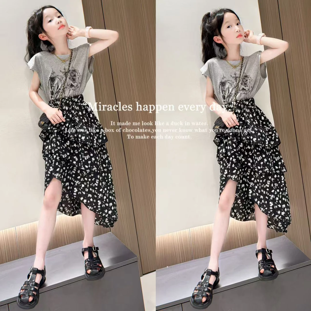 设计感不规则碎花半身裙小众复古印花无袖背心两件套女童夏季套装