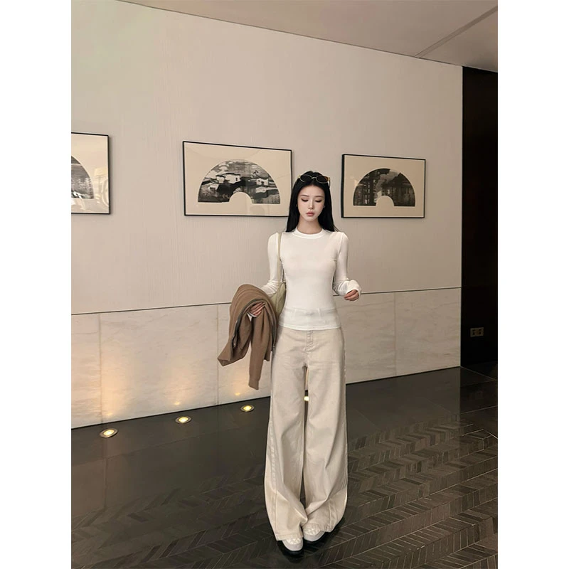 2025极简风时尚高级感圆领休闲百搭洋气长袖上衣高腰修身直筒裤女