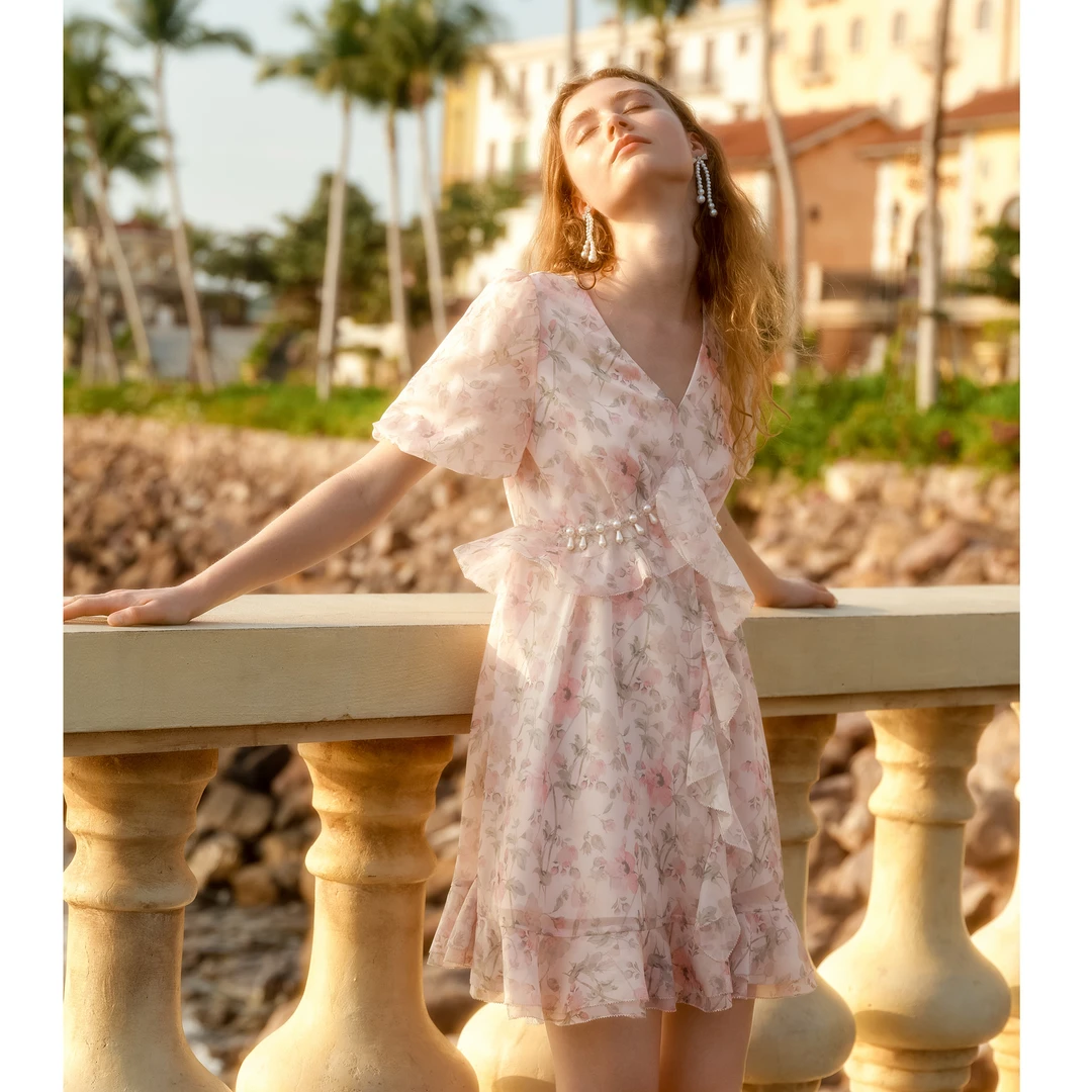 可可尼cocoon欧根纱雪纺印花连衣裙女2025夏季新款花卉荷叶边裙子