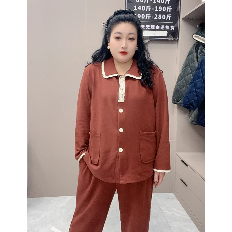 秋冬季大码含莱赛尔驼绒睡衣中等加厚保暖套装翻领家居服长袖长裤