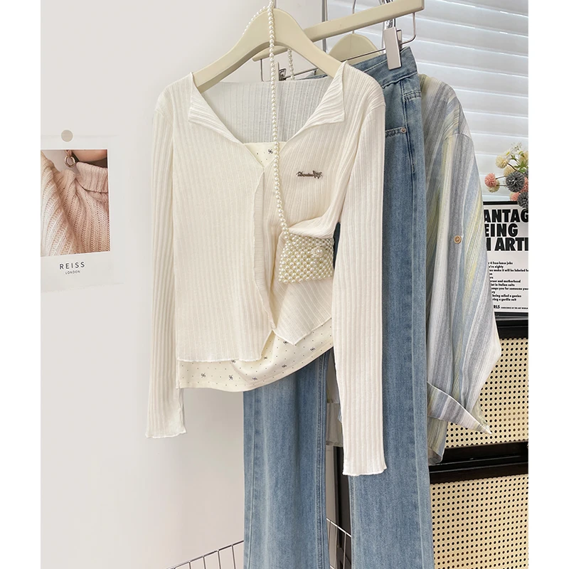 时尚减龄甜美系假两件翻领长袖T恤女新款百搭独特小众打底衫上衣