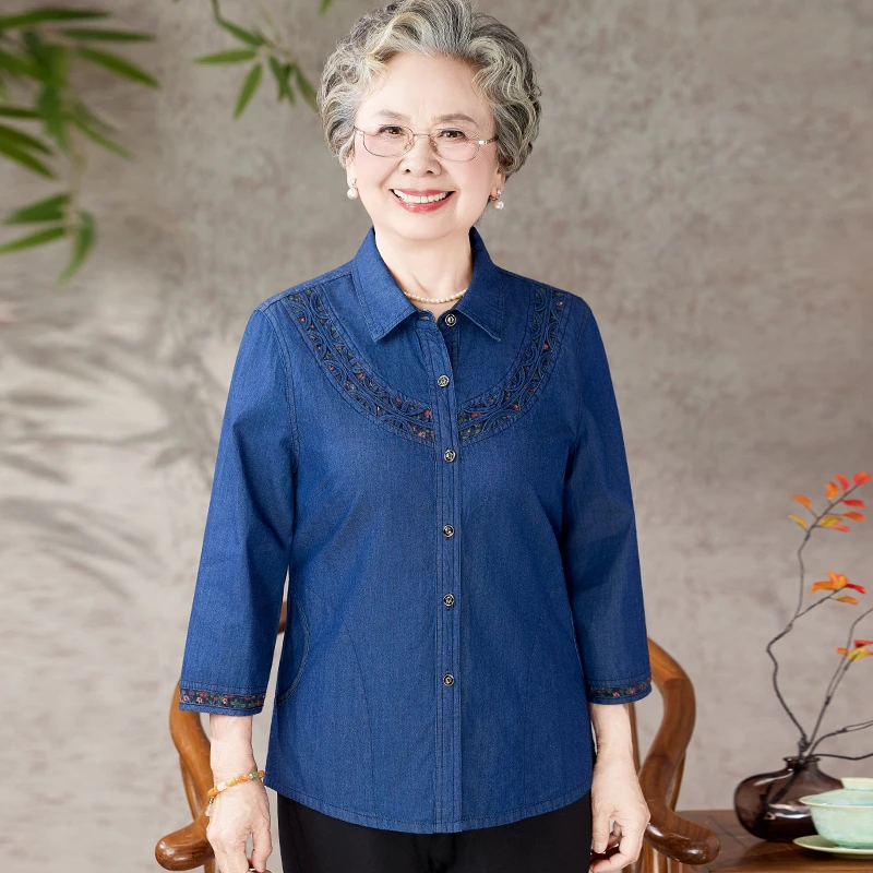 中老年人妈妈夏季纯棉衬衫奶奶夏装牛仔全棉衬衣七分袖老太太衣服