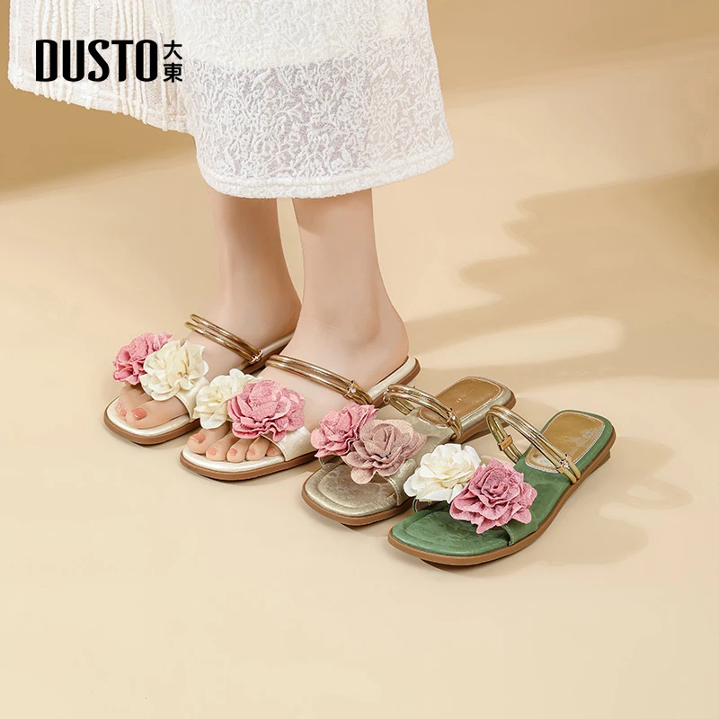 DUSTO/大东仙女风低跟一字拖2025年爆款花朵优雅低跟舒适女鞋0069