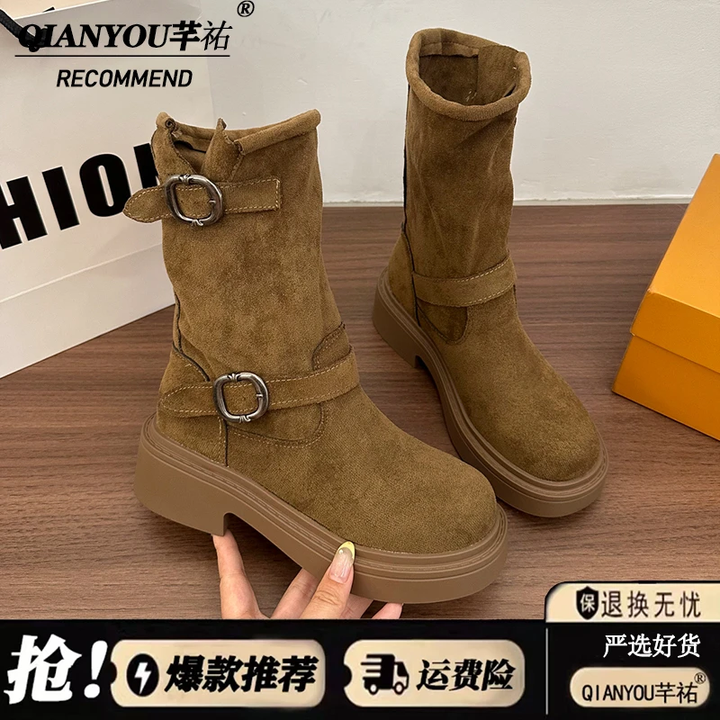 厚底中筒马丁靴女2025秋季新款网红复古堆堆靴西部牛仔机车短靴子