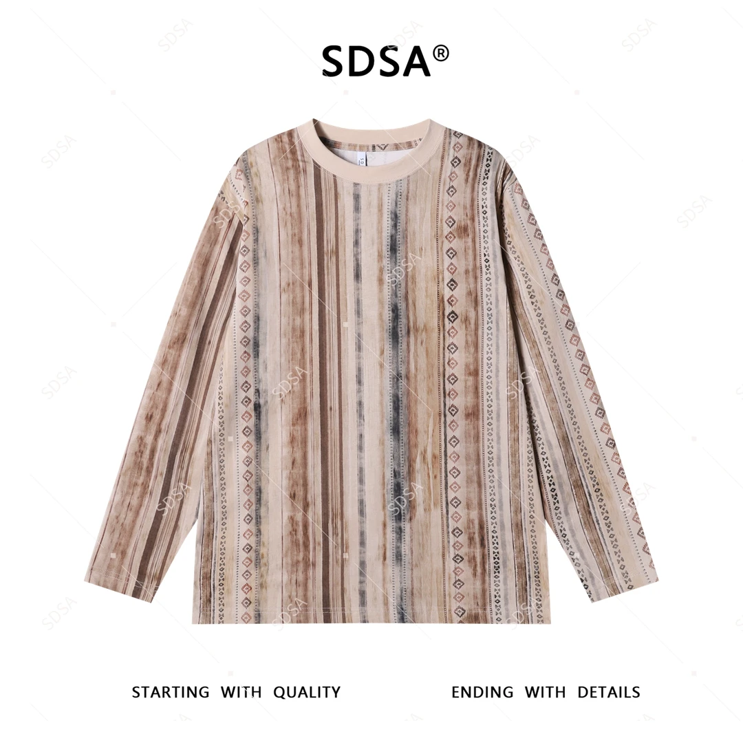 SDSA秋季新款男士痞帅小众撞色竖纹设计圆领长袖T恤宽松简约上衣