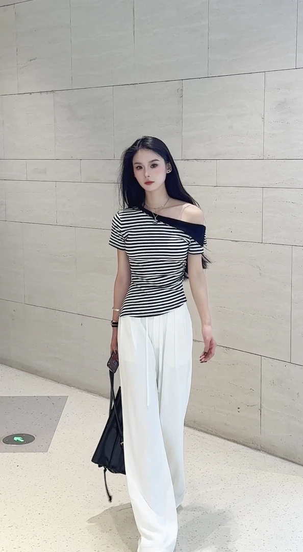 2025夏季新款韩系气质斜肩条纹短袖上衣+高腰显瘦休闲阔腿裤女