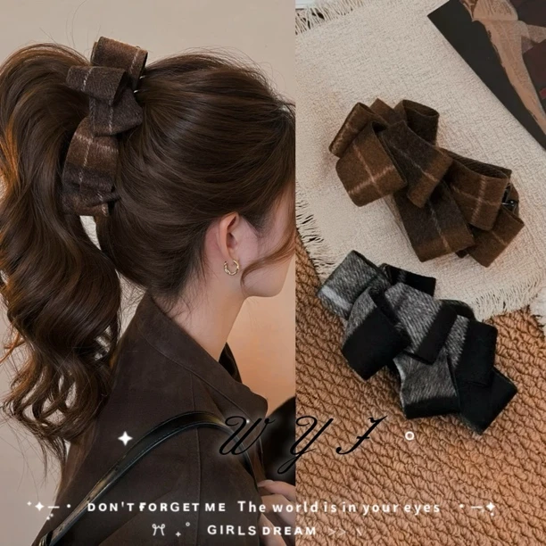 WYJ秋冬复古格纹毛呢香蕉夹气质森系半扎发抓夹网红ins发饰女