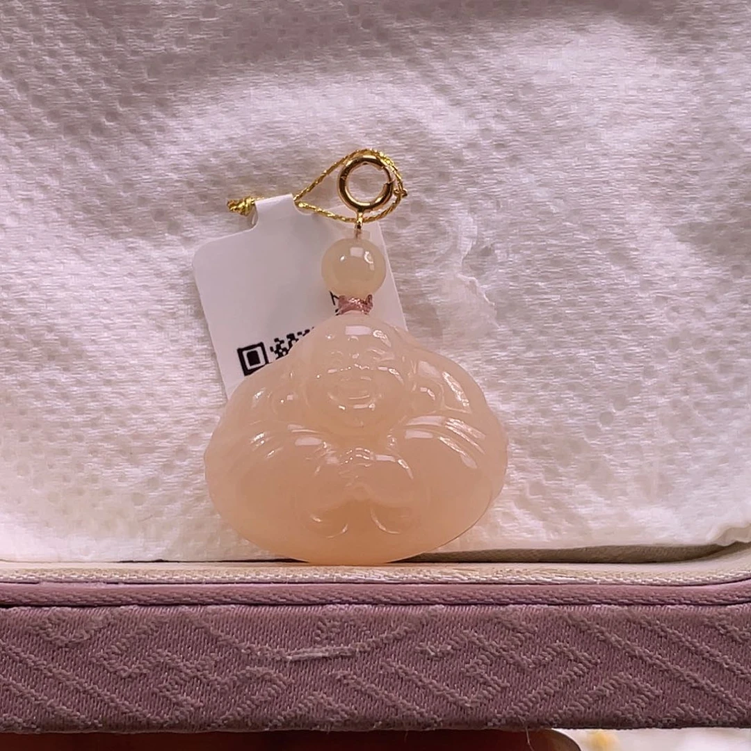 吊坠(不含链)18K金镶嵌和田玉藕粉红粉抱抱佛