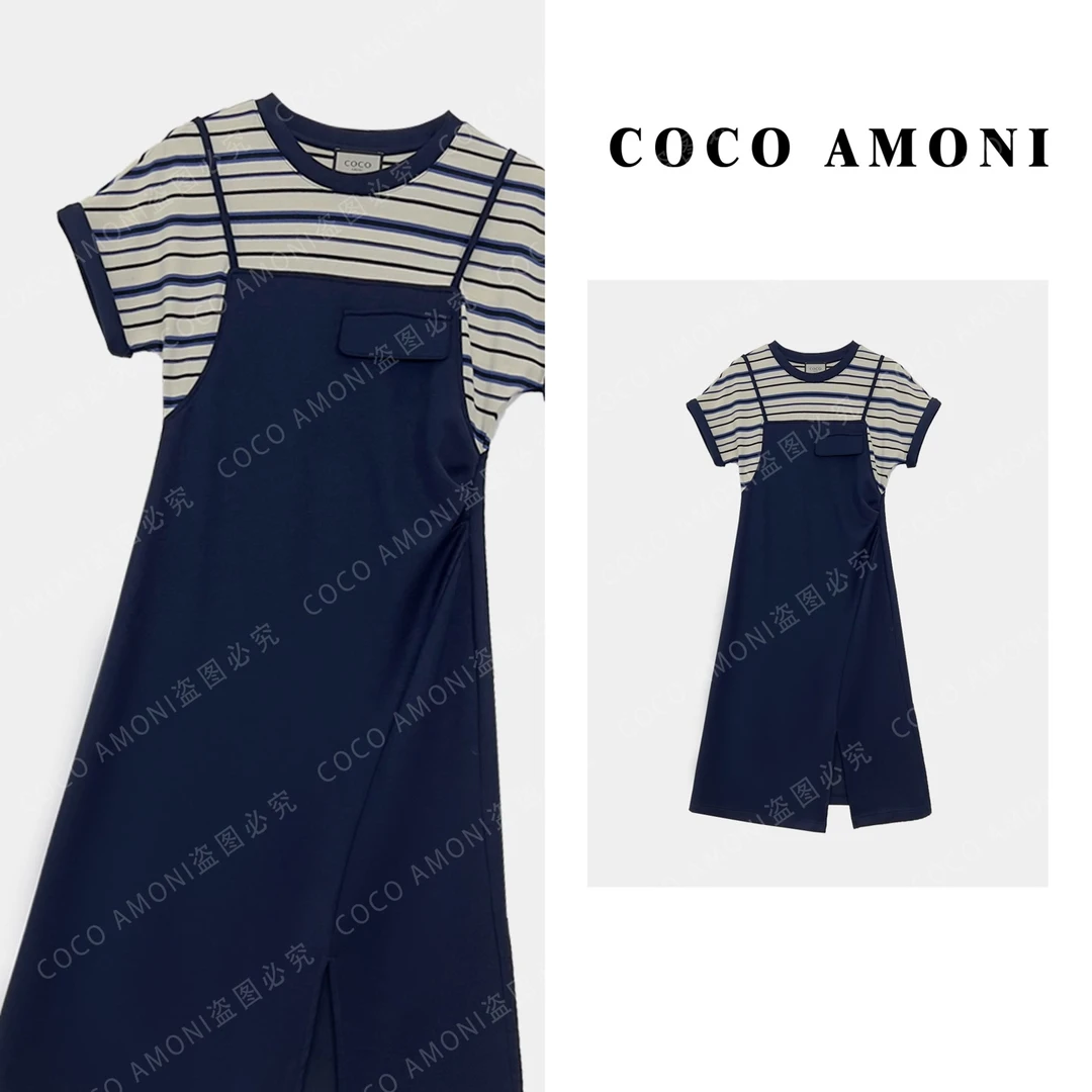 【曼姐】女装连衣裙裙子时尚休闲夏季条纹拼接ZP256