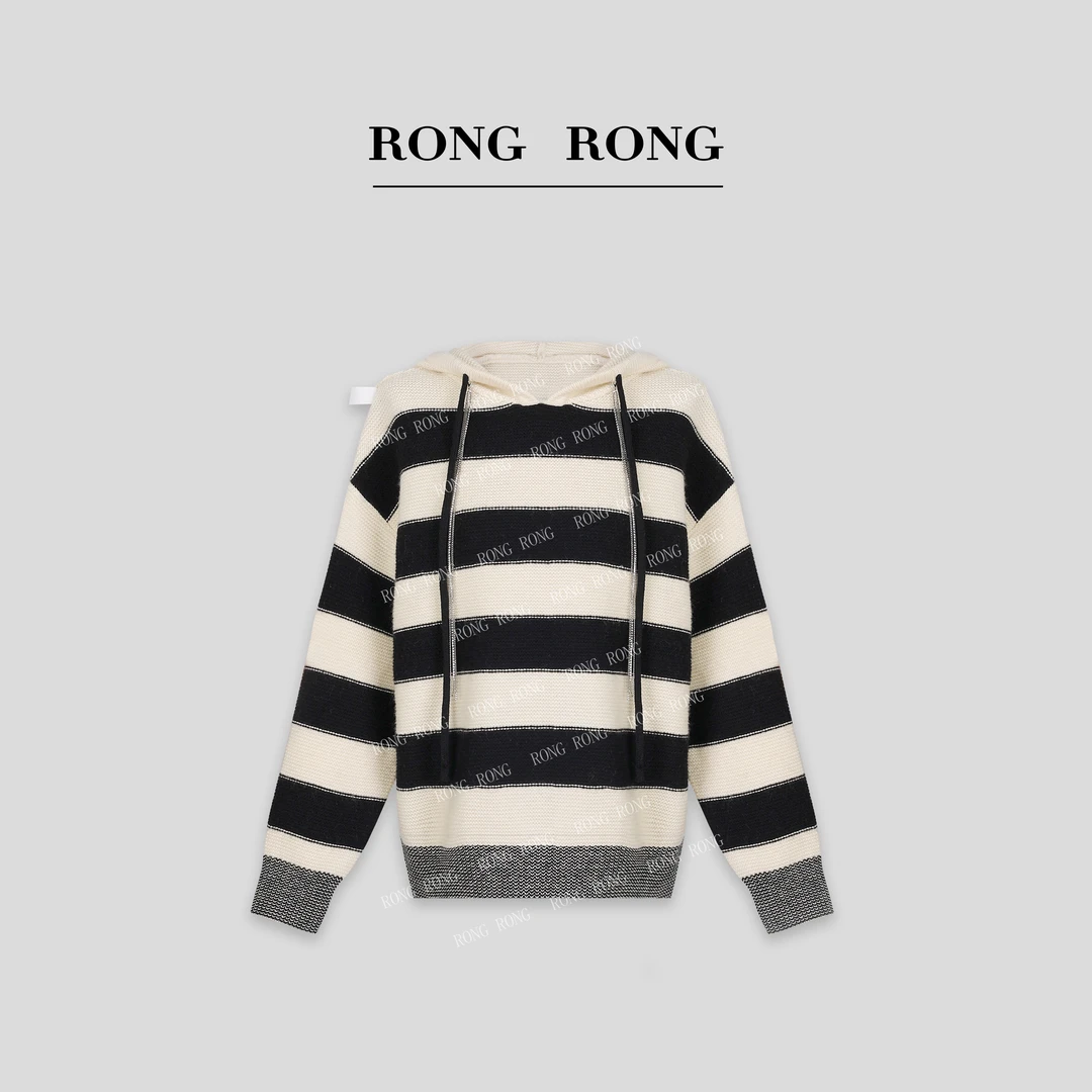 溶溶S【韩系女高】RONGRONG 绵羊毛混纺拼色条纹连帽抽绳毛衣S3190