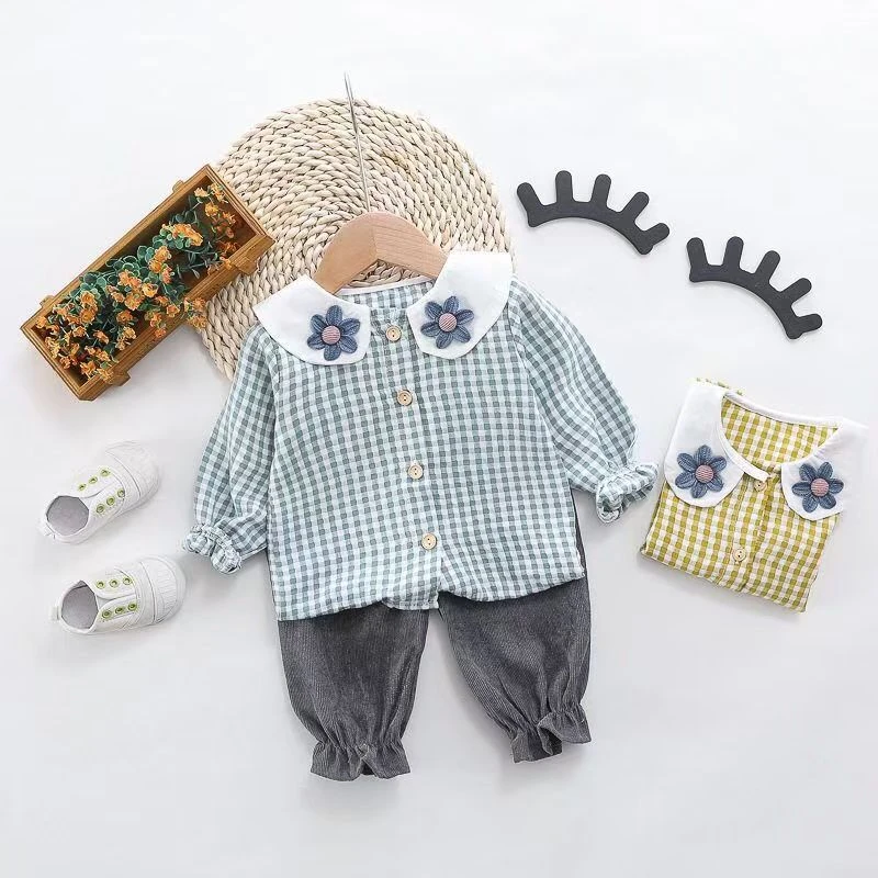 A19（大米家）女童韩版荷叶花朵衬衫裤子两件套