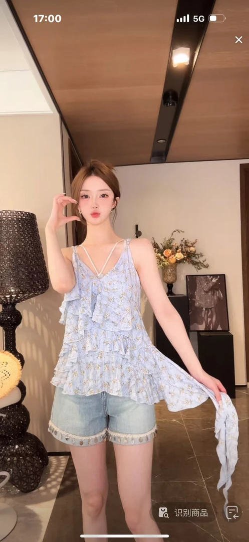 馨儿专属【娇声娇气】夏季新款叠层装饰印花不对称吊带上衣XS40921