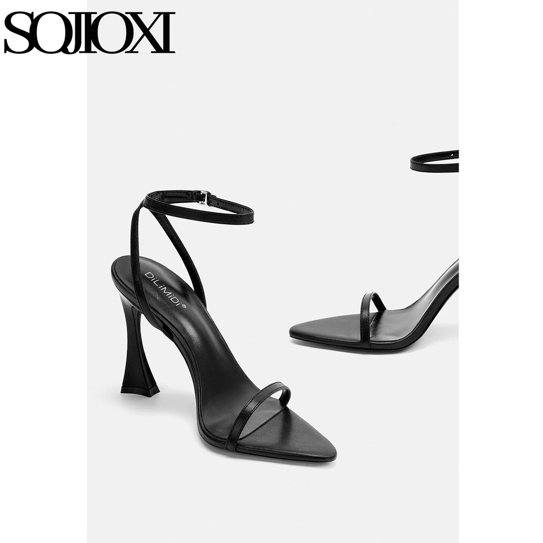 SOJIOXI 绝美高跟凉鞋女夏季一字带粗跟黑色高跟鞋女夏高级不累脚