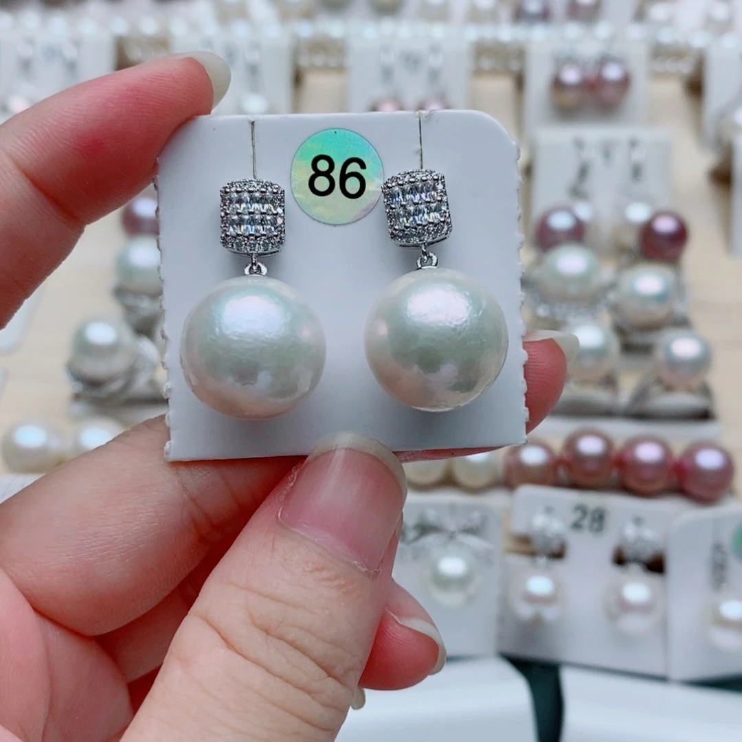 清***文银S925镶嵌耳饰淡水珍珠14.9mm