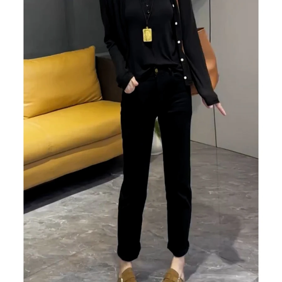 高腰黑色法棍直筒牛仔裤女早秋新款弹力宽松显瘦小个子九分烟管裤