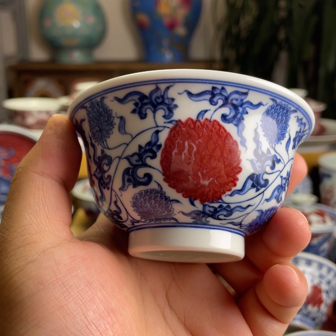 釉里红霸王团菊压手杯