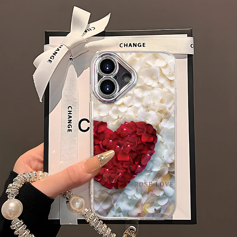 适用于【苹果】16Max/16Plus红色爱心玫瑰花瓣时尚精孔羽纱手机壳