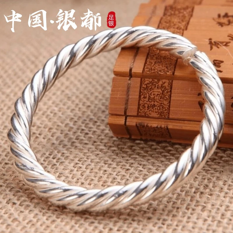 足银银制品 手工定制999.9足银手镯开口麻花手镯男士时尚百搭简约