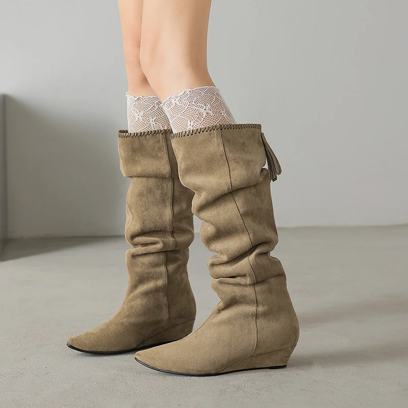 3.5cm欧美流苏西部堆堆靴百搭坡跟长靴秋冬时尚绒面尖头高筒靴女