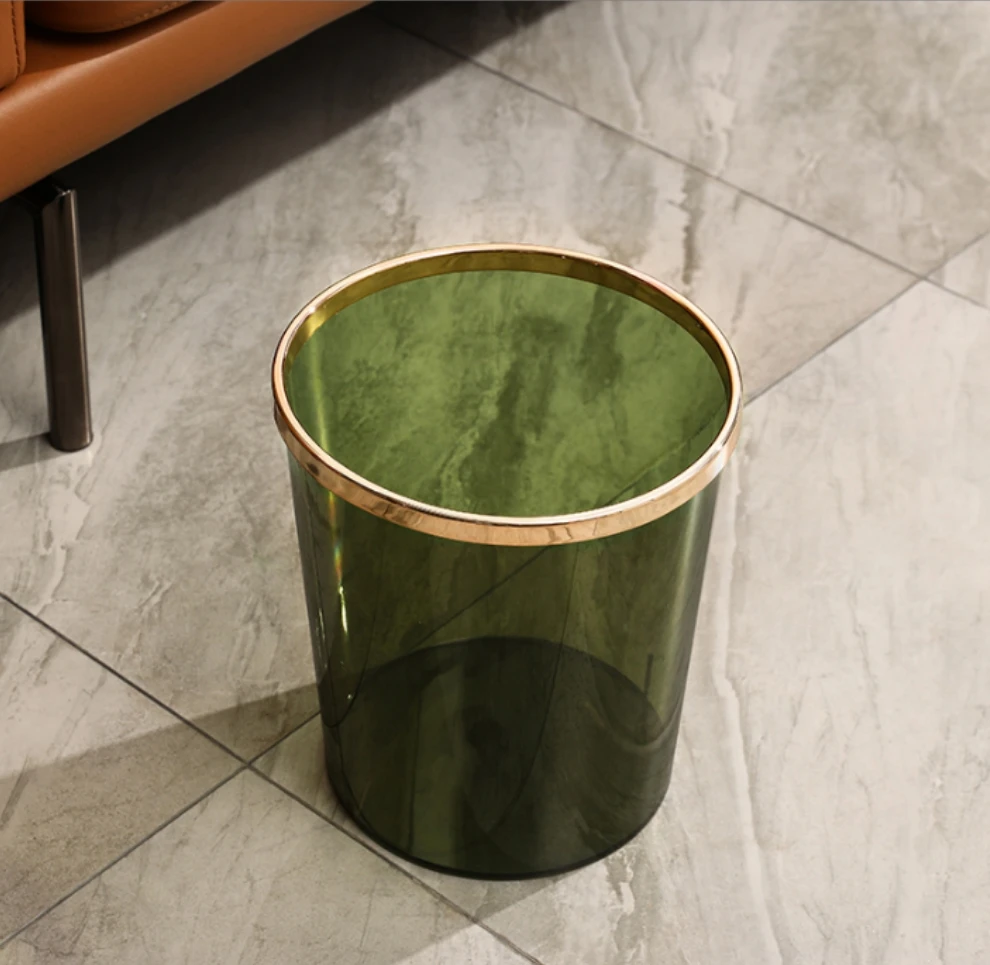 高级金边垃圾桶 家用轻奢透明简约办公室客厅大容量纸篓无盖