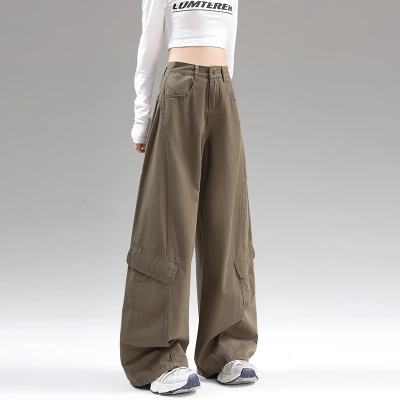 拉夏贝尔咖色牛仔弯刀裤女款爆款2025新款时尚炸街百搭工装阔腿裤