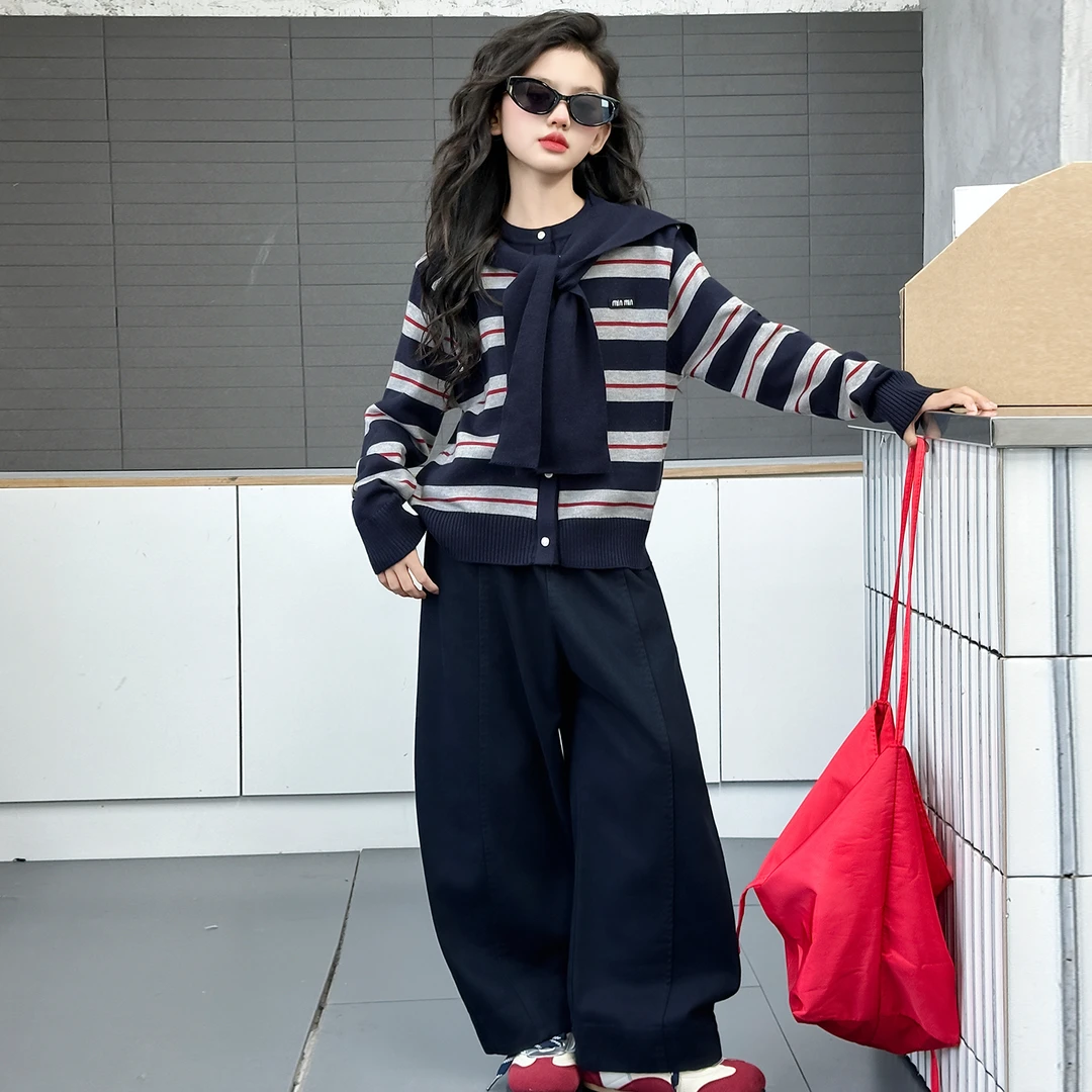 开衫套装条纹上衣外套春秋女童中大童披肩洋气显瘦针织时尚休闲潮