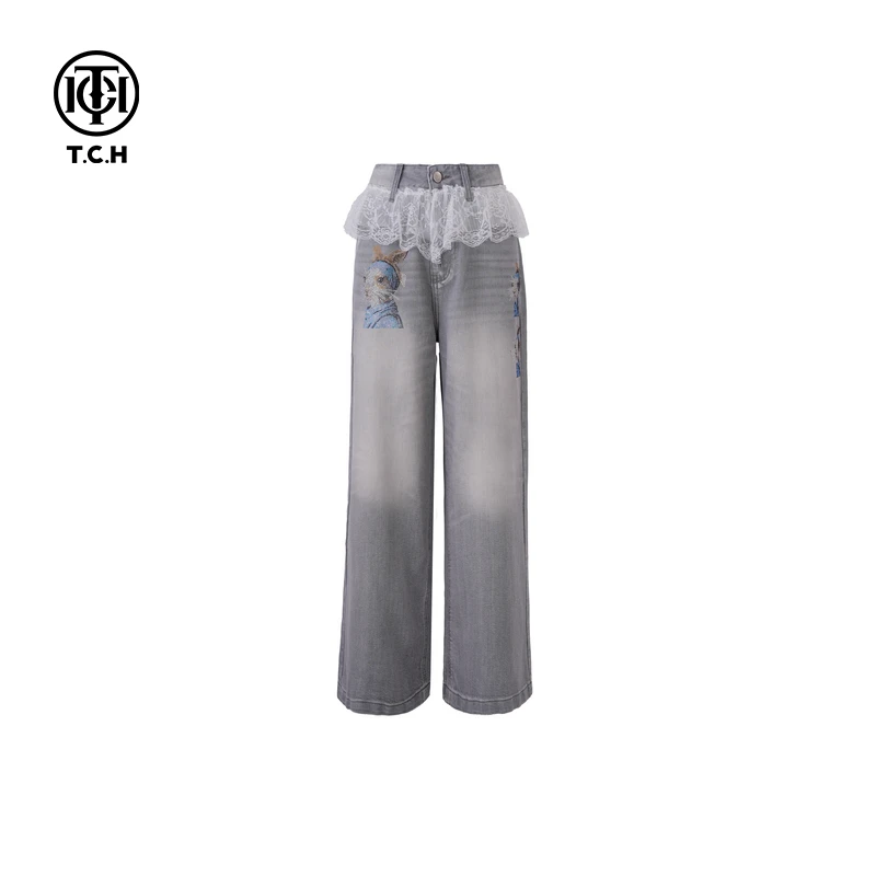 TCH私服烫钻工艺时尚休闲百搭直筒牛仔裤女T75A20E5100轻奢tch