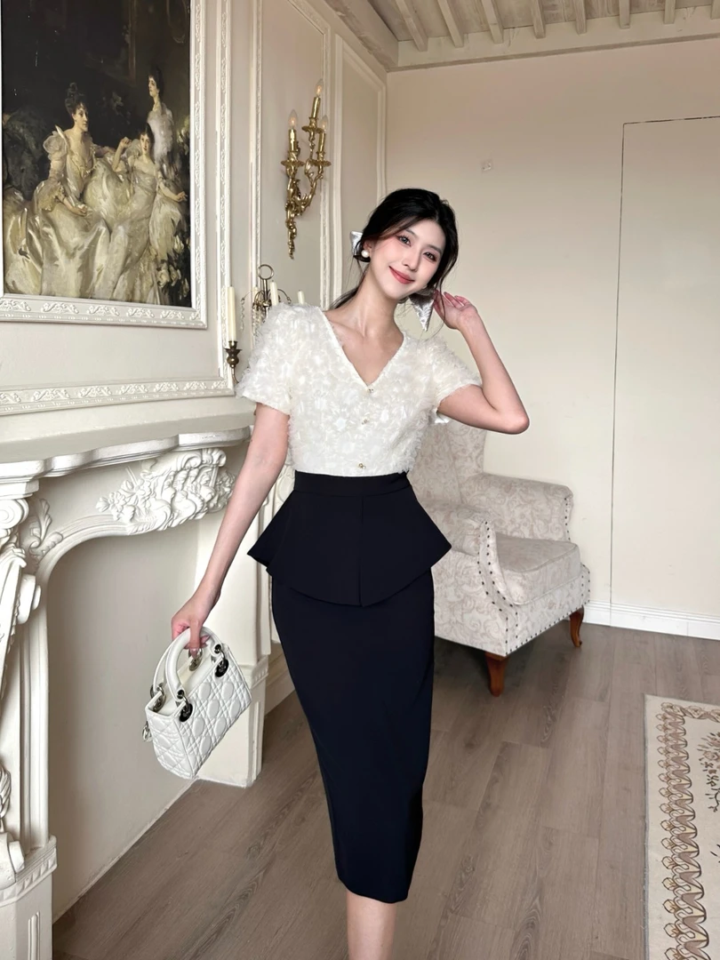 6389网纱拼接通勤连衣裙