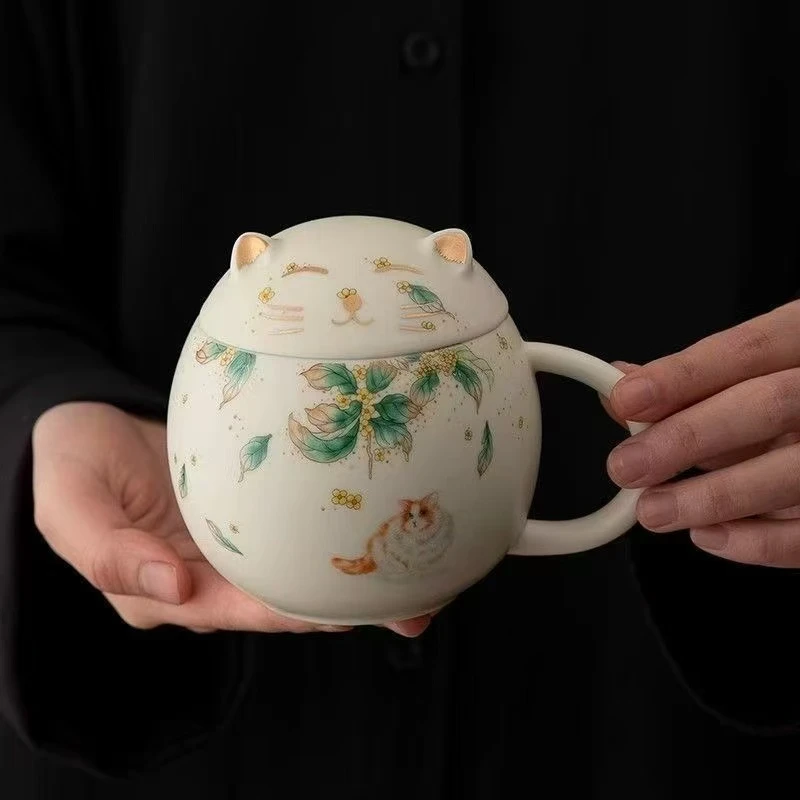 Y5703-萌猫大容量带盖手工办公会议茶杯