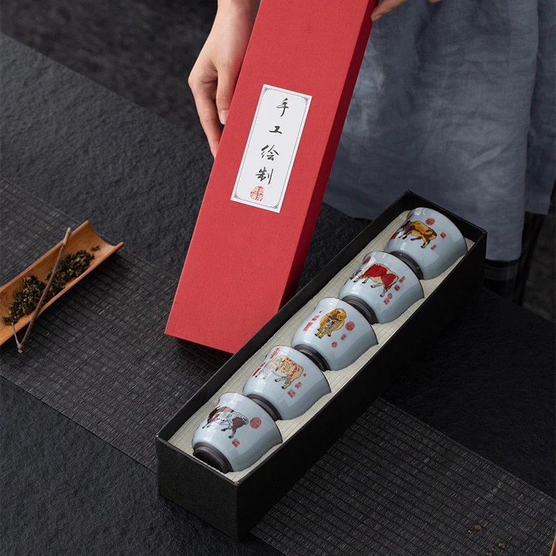 国潮主人杯五牛图羊脂玉瓷茶杯陶瓷中式复古牛年礼品主人茶具配件